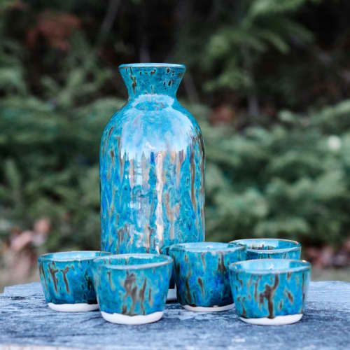 Midnight Rain Set of Sake Bottle and 5 Cups | Bar Accessory in Drinkware by Hiraeth Ceramics. Item made of stoneware works with contemporary & modern style