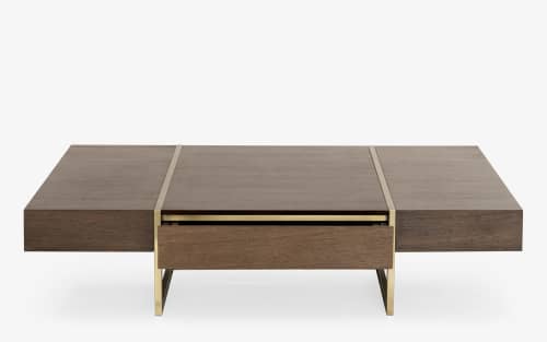 Famed Oak Veneer and Antique Brass Coffee Table with Drawer | Tables by LAGU. Item made of oak wood with brass works with modern style