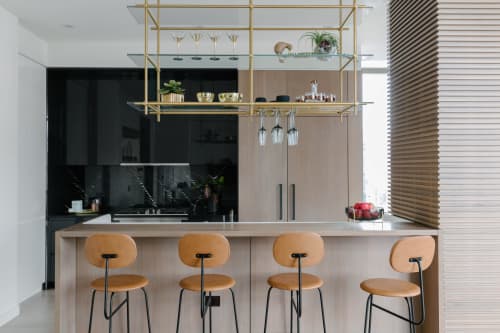 Hanging Shelf | Shelving in Storage by Amuneal | Private Residence, Lower East Side, Manhattan in New York. Item made of metal with glass