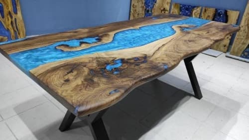 Live Edge Walnut Turquoise Epoxy Resin Dining Table | Tables by LuxuryEpoxyFurniture. Item composed of wood and synthetic