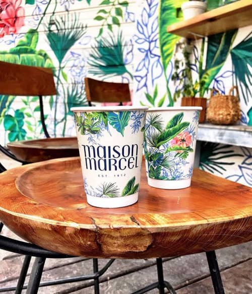 paper cups for Maison Marcel matching to mural | Murals by Surface of Beauty | Maison Marcel in Chicago. Item composed of synthetic