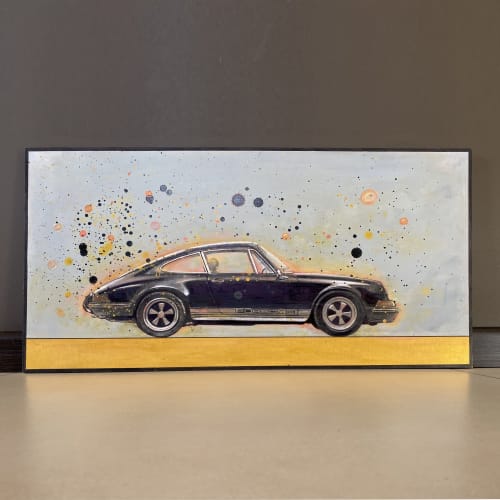 Retro Porsche 911. Mid Century Style Painting on the Plywood | Mixed Media by ArtForLoft. Item made of wood compatible with mid century modern and urban style