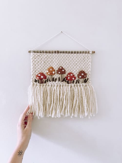 Handmade Woven Wall Hanging Decor - Mushroom Embroidery | Macrame Wall Hanging in Wall Hangings by Hippie & Fringe. Item composed of cotton in boho or art deco style