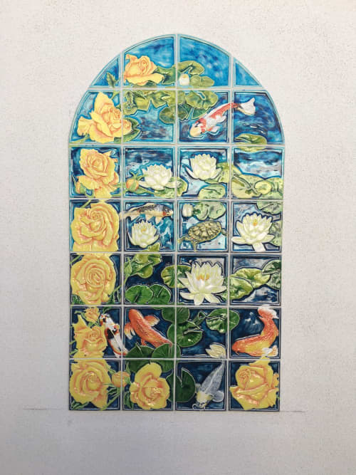 Roses koi pond | Murals by Sue Barry tiles