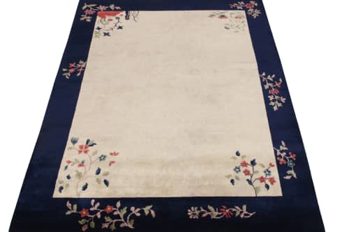 Vintage Chinese Deco style rug, Off-White Field, Blue Border | Area Rug in Rugs by Rug and Kilim