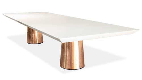 Benino Custom Oil Rubbed Cast Bronze Twin Pedestal Lacquered | Dining Table in Tables by Costantini Design. Item composed of oak wood and bronze