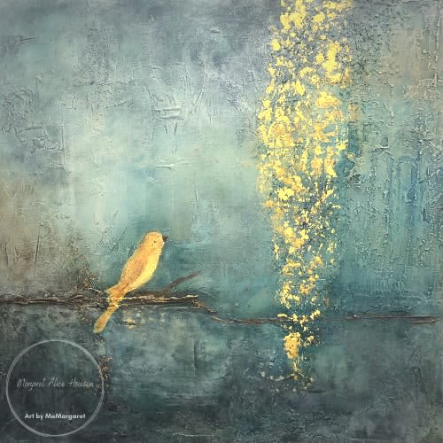 The golden bird in the golden rain. SOLD | Oil And Acrylic Painting in Paintings by Margaret Alice Høiesen. Item composed of canvas