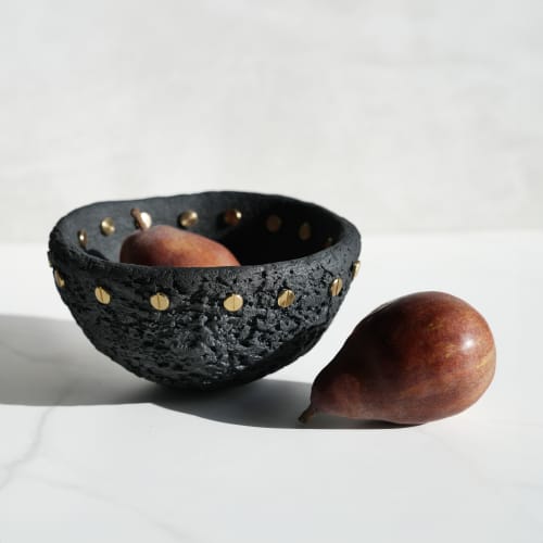 Large Treasure Bowl in Textured Black Concrete with Rivets | Decorative Bowl in Decorative Objects by Carolyn Powers Designs. Item composed of brass and concrete in minimalism or contemporary style