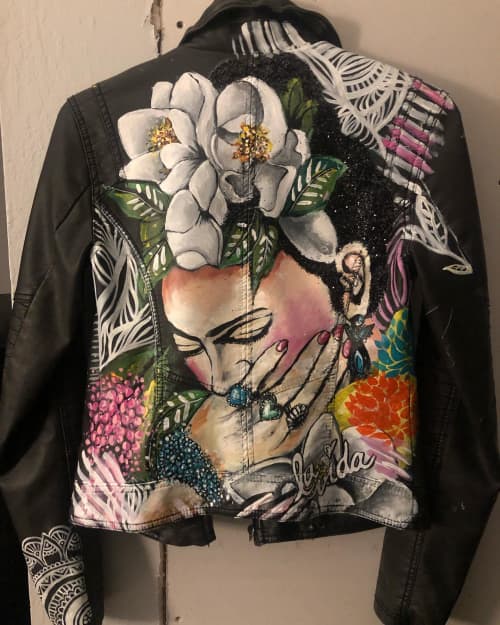 Viva la Frida Hand-Painted Hollister Co. Leather Jacket | Apparel in Apparel & Accessories by ShammyBuns Art (SBA). Item composed of leather