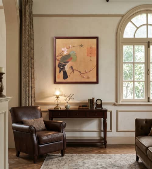 Song Dynasty Emperor Huizong "Peach Pigeon" Museum Silk Art | Oil And Acrylic Painting in Paintings by Dynasty Artisan. Item made of wood with fabric works with contemporary & eclectic & maximalism style
