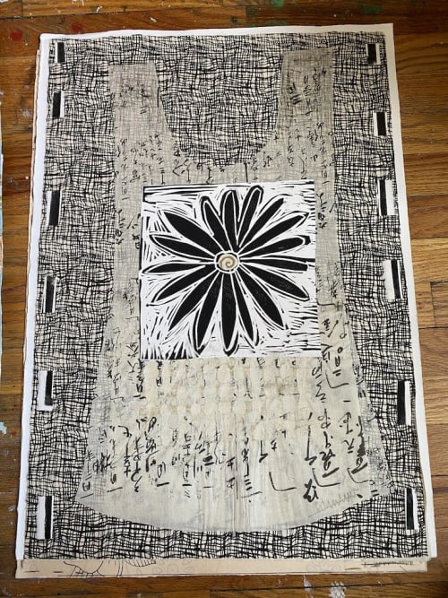 Dress Series: Black Sunflower | Mixed Media by Pam (Pamela) Smilow. Item made of paper
