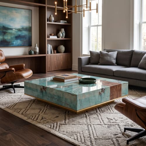 Song Style Blue Green Landscape Amazonite Coffee Table | Tables by Dynasty Artisan. Item made of wood with marble works with minimalism & contemporary style