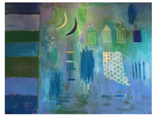 Summer in Maine - Light Blue Moon Summer Houses | Mixed Media by Pam (Pamela) Smilow. Item made of canvas with synthetic