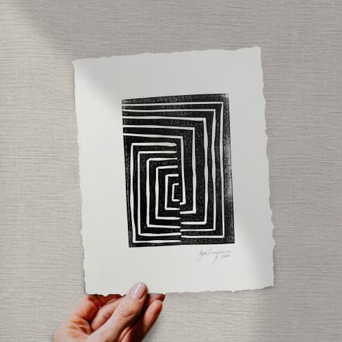 Labyrinth, Linocut, Ink on paper | Prints by Llinella. Item composed of paper compatible with minimalism and contemporary style