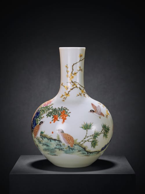 Imperial Style Famille Rose Quail Plum bamboo Porcelain Vase | Vases & Vessels by Dynasty Artisan. Item composed of ceramic in contemporary or eclectic & maximalism style