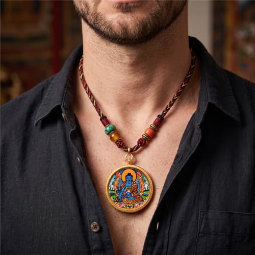 Medicine Buddha Thangka Gold Pendant Vitality Amulet Pedant | Ornament in Decorative Objects by Dynasty Artisan. Item composed of metal compatible with contemporary and eclectic & maximalism style