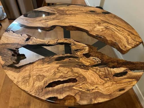 Custom 52" Diameter, Round Olive Wood, Clear Epoxy Dining | Dining Table in Tables by LuxuryEpoxyFurniture. Item made of wood with synthetic