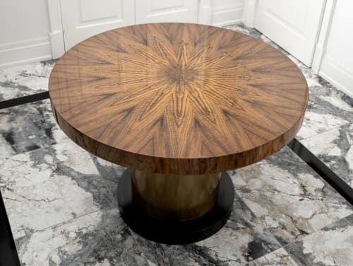 Book matched burst table | Dining Table in Tables by ANAZAO INC.. Item made of walnut with brass