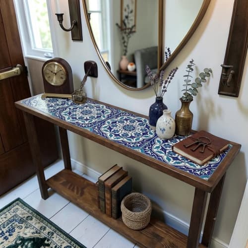 Turkish Tile Console Table in Walnut Wood – Entryway Table | Tables by Ubba Home Decor. Item made of wood with ceramic works with boho & mid century modern style