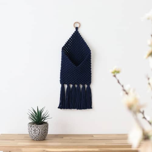 Macrame Pouch- Navy | Macrame Wall Hanging in Wall Hangings by YASHI DESIGNS. Item composed of cotton & fiber compatible with boho and contemporary style