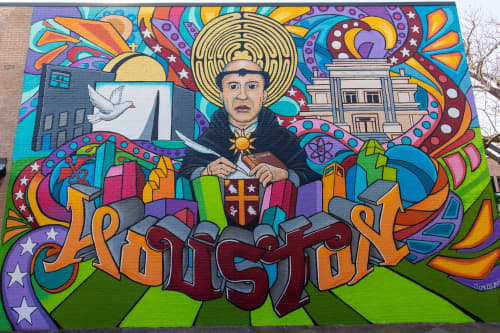 St. Thomas Aquinas mural | Murals by Mario E. Figueroa, Jr. (GONZO247) | University of St. Thomas Police Department in Houston. Item composed of synthetic