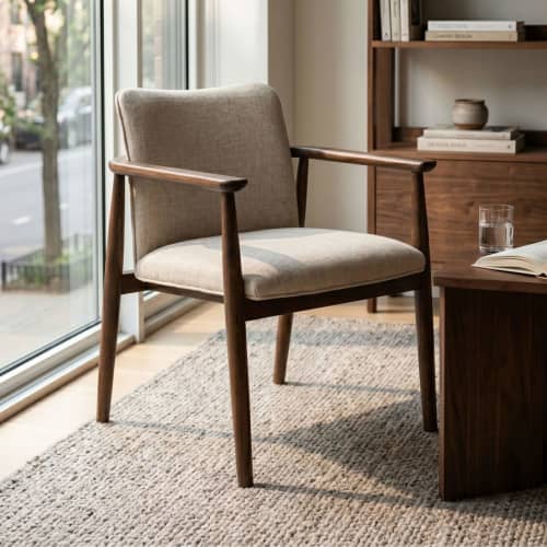 Vena Wide Sculptural Wooden Dining Chair | Chairs by Kleinhaus Furniture. Item made of wood with fabric works with minimalism & mid century modern style