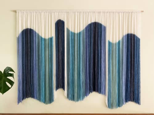 AURORA IRIS Shades of Blue Fiber Art Wall Hanging | Tapestry in Wall Hangings by Wallflowers Hanging Art. Item composed of oak wood and wool in mid century modern or contemporary style