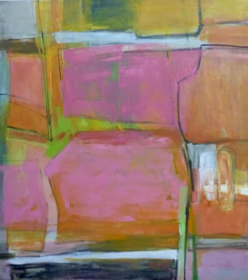 Joyful abstract oil painting on canvas in pink, orange | Oil And Acrylic Painting in Paintings by Trudie Tara Moulton. Item made of canvas with synthetic