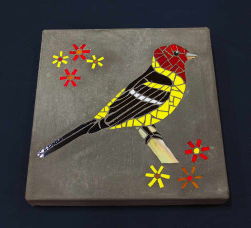 Tanager Stone - inlaid glass concrete stepping stone | Tiles by Rochelle Rose Schueler - Wild Rose Artworks LLC. Item composed of stone