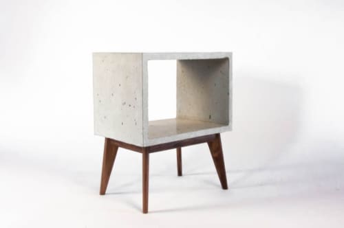 Concrete Cube & Long Solid Wood Legs End Table | Tables by Curly Woods. Item composed of maple wood and concrete in mid century modern or modern style