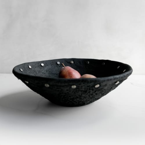 Low Wabi Sabi Centerpiece Bowl in Black and Silver | Decorative Bowl in Decorative Objects by Carolyn Powers Designs. Item made of brass & concrete compatible with minimalism and contemporary style