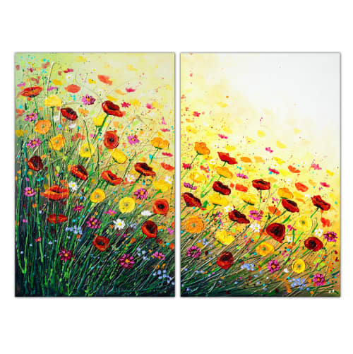 A Bloom of Happiness (Diptych) | Oil And Acrylic Painting in Paintings by DaggArt. Item made of canvas & synthetic