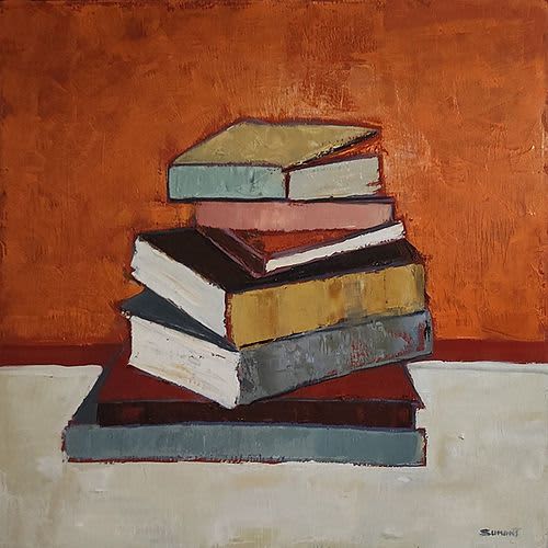 Bookish serenity / Serenité livresque | Oil And Acrylic Painting in Paintings by Sophie DUMONT. Item made of wood & canvas compatible with minimalism and contemporary style