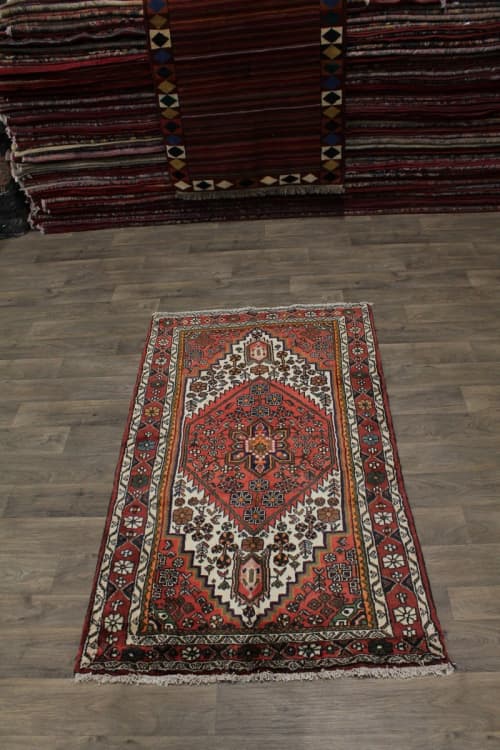Semi Antique Bittersweet Red Tribal 3' 8" x 6' 5" Hamedan | Small Rug in Rugs by Magic Rugs. Item made of cotton works with mediterranean style