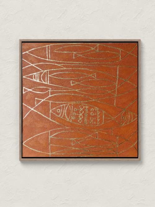 Terracotta Fish  Wall Art Gold Line Painting | Oil And Acrylic Painting in Paintings by Berezart. Item made of canvas compatible with boho and minimalism style