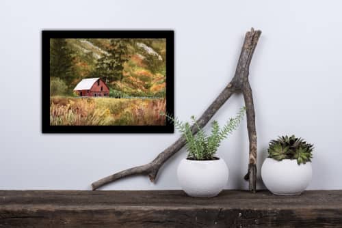 Red Barn | Watercolor Painting in Paintings by Maurice Dionne FINEART. Item made of paper