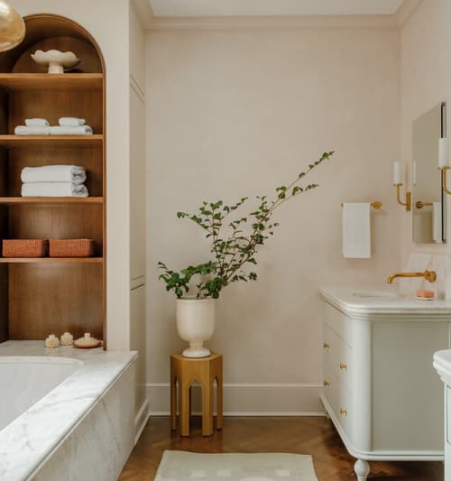 Organic Lime Washed Bathroom | Wall Treatments by Nicolette Atelier. Item in boho or japandi style