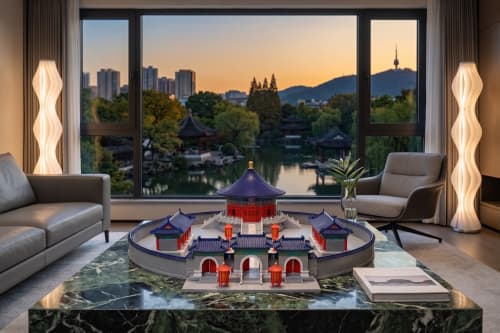 Temple of Heaven: Imperial Vault & Echo Wall Wood Diorama | Sculptures by Dynasty Artisan. Item composed of wool in contemporary or eclectic & maximalism style