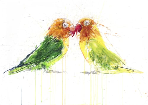 Love Birds Hand Finished with Gold Leaf | Watercolor Painting in Paintings by Dave White. Item composed of paper compatible with contemporary and eclectic & maximalism style
