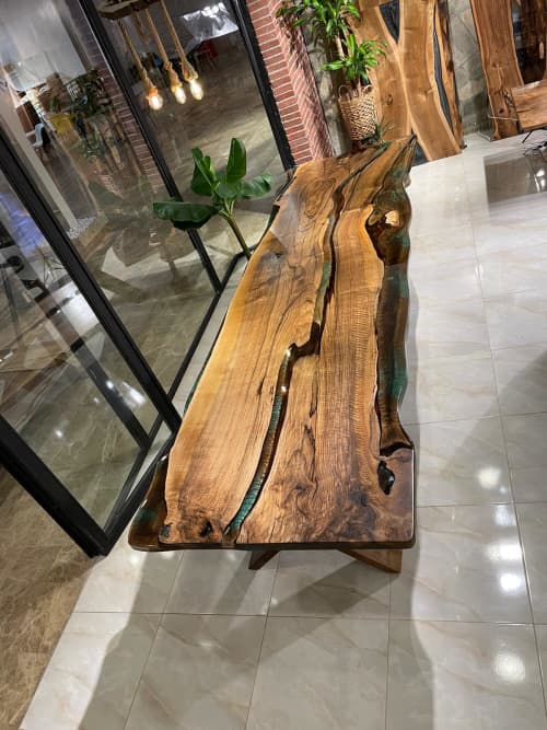 Custom 1000 Years Old Walnut Epoxy Resin Table - IN STOCK | Dining Table in Tables by Gül Natural Furniture. Item composed of wood and metal in minimalism or mid century modern style
