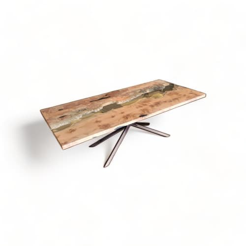 Maple Burl Glass River Table 44x94 | Dining Table in Tables by Lumberlust Designs. Item made of maple wood & steel compatible with eclectic & maximalism and coastal style
