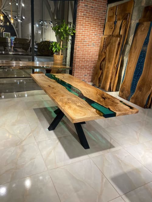 Ash Wood Table with Green Epoxy | Dining Table in Tables by Gül Natural Furniture. Item composed of walnut & synthetic compatible with minimalism and mid century modern style