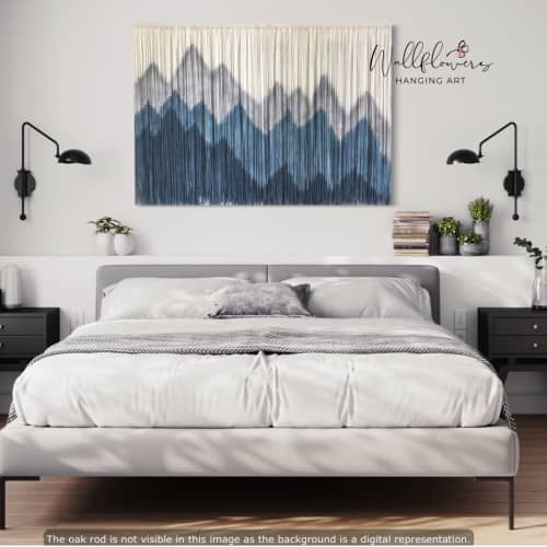 SIERRA TEAL Custom Dyed Wall Tapestry Mountain Landscape | Macrame Wall Hanging in Wall Hangings by Wallflowers Hanging Art. Item composed of oak wood and wool in boho or mid century modern style