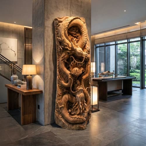Monumental Hand-Carved Solid Teak Dragon Relief Panel 190cm | Sculptures by Adam's Luxury Home. Item composed of wood in boho or eclectic & maximalism style