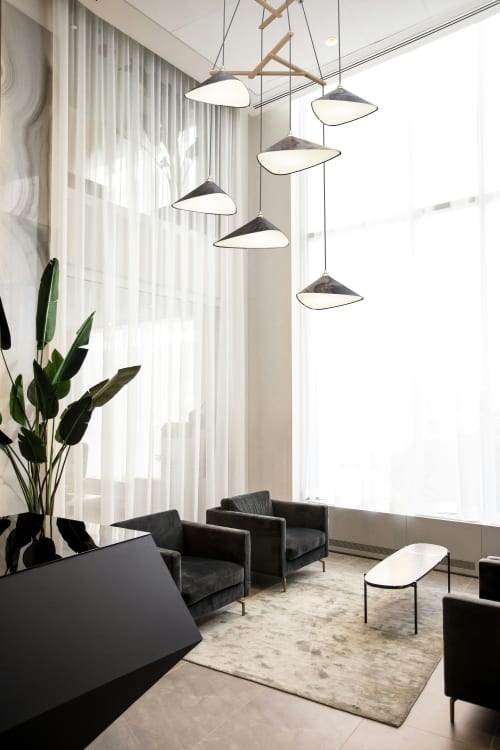 Emily V6 Oxid | Chandeliers by MOSS Objects. Item made of oak wood with fabric works with minimalism & mid century modern style