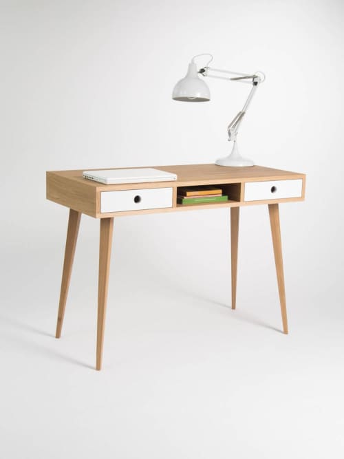 KUUB - Desk for home, dressing table, bureau, white drawer | Tables by Mo Woodwork. Item composed of oak wood compatible with minimalism and mid century modern style