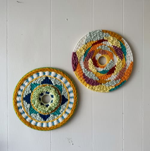 Custom Pair of Circular Woven Wall Hangings Artwork | Tapestry in Wall Hangings by Emily Nicolaides. Item composed of fiber in boho or eclectic & maximalism style