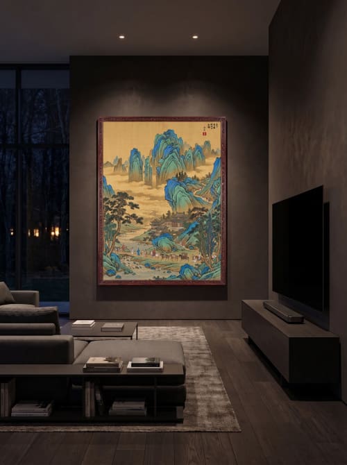 Hand-Painted Silk Wang Ximeng Blue Green Landscape Scroll | Oil And Acrylic Painting in Paintings by Dynasty Artisan. Item made of wood with fabric works with contemporary & eclectic & maximalism style