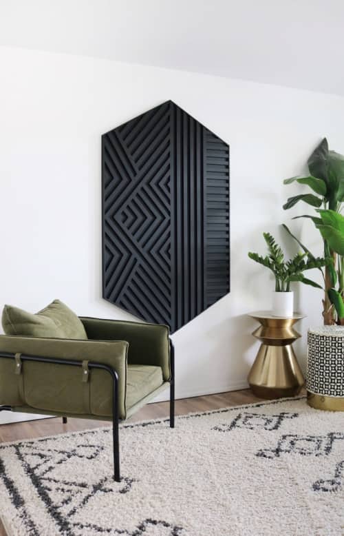 Black Modern Art, Modern Geometric Art, Wood Slat Wall by Blank Space