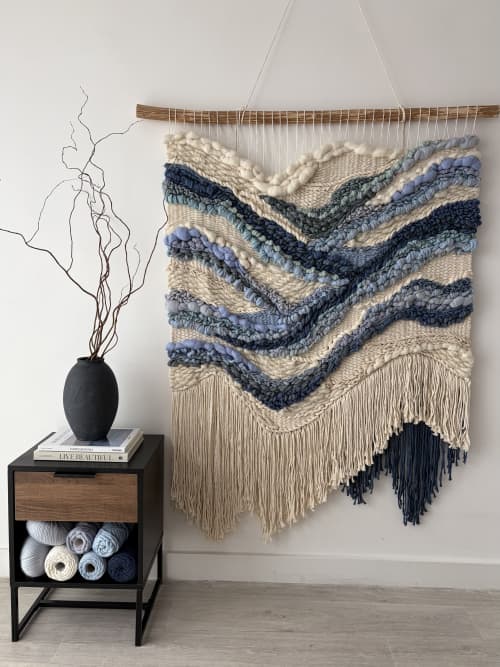 Wall Tapestry 'Rivers' Handwoven Wall Hanging Fiber Wall Art | Wall Sculpture in Wall Hangings by Tissage Sauvage. Item composed of wood & cotton compatible with boho and country & farmhouse style